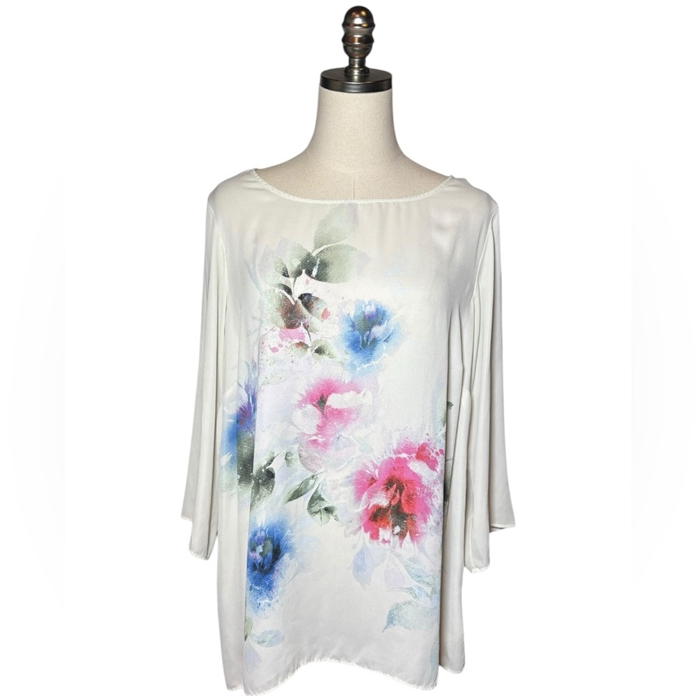 Rose & Olive Watercolor Floral Blouse Keyhole Back Plus Size 1X